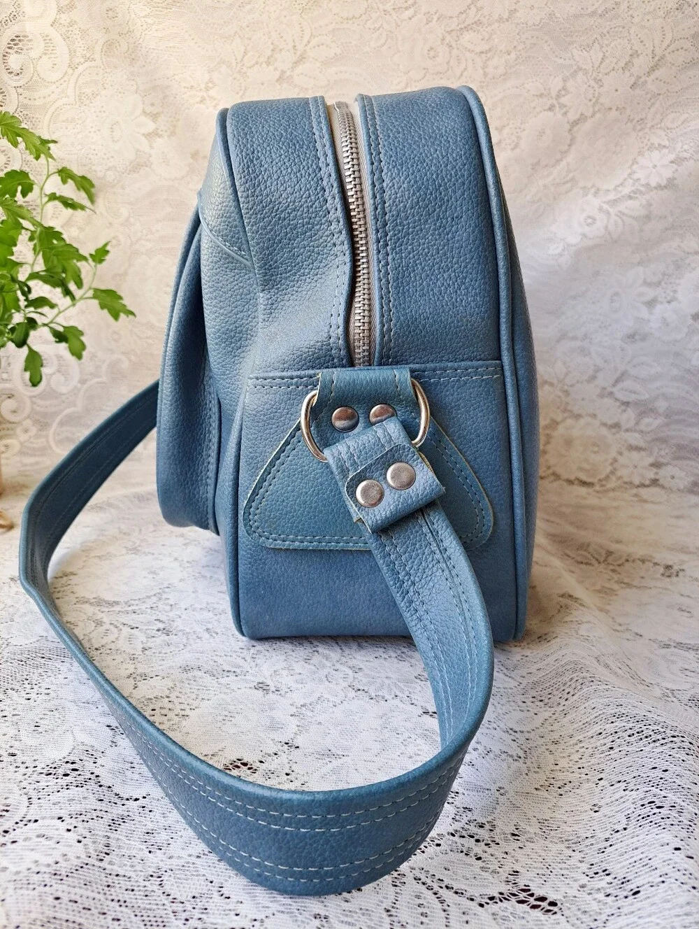 Vintage 70s Sky Blue American Tourister Type Vinyl Carry-On Shoulder Bag Korea